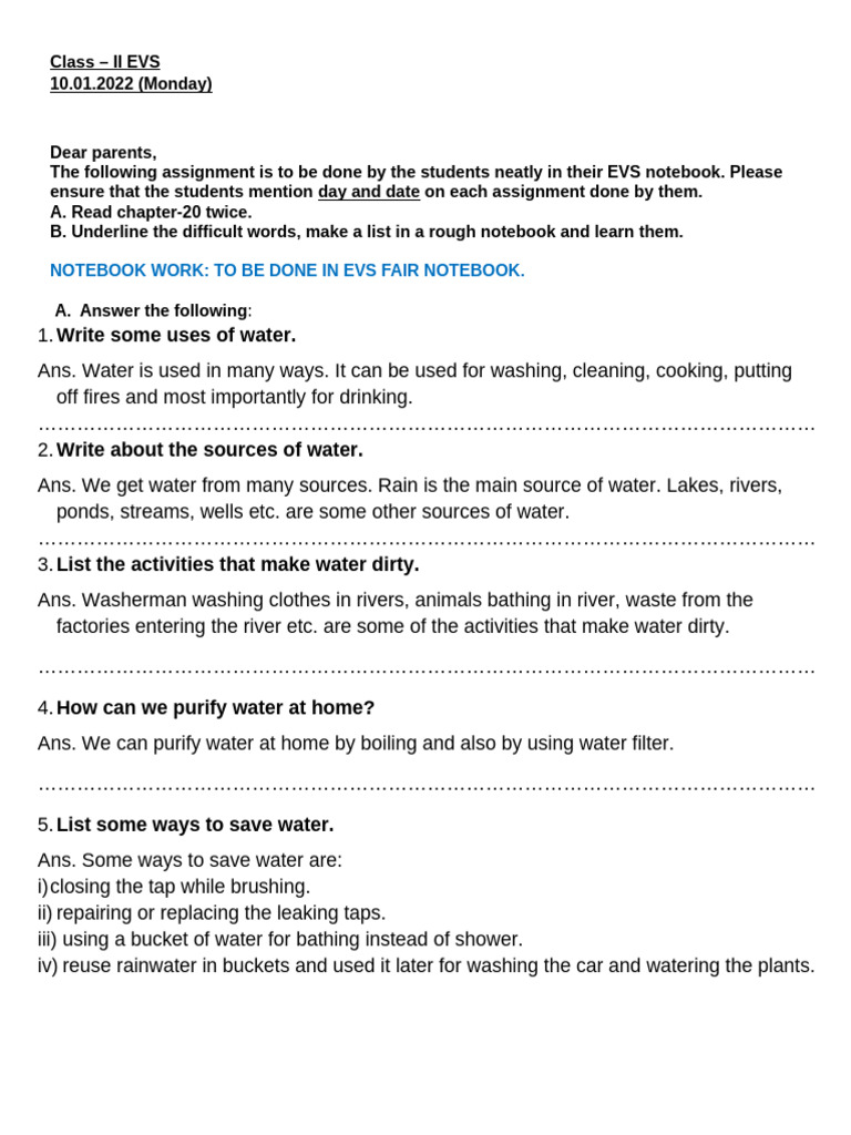 Std-2 (Ch. 20 Water) Notebook Work | PDF