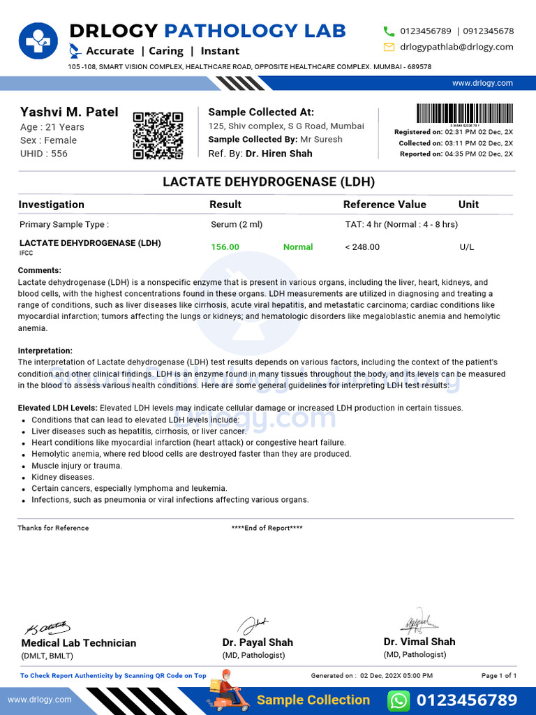 Lactate Dehydrogenase Ldh Normal Test Report Format Example Sample ...