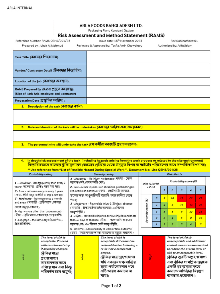 Risk Assessment & Method Statement During Contractor Work | PDF