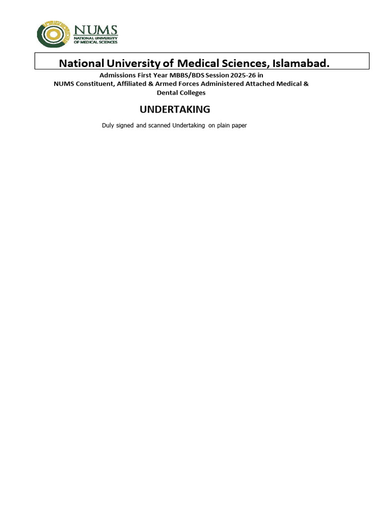2025 Undertaking Form for MBBS BDS Application 2025 26 Private Sector ...