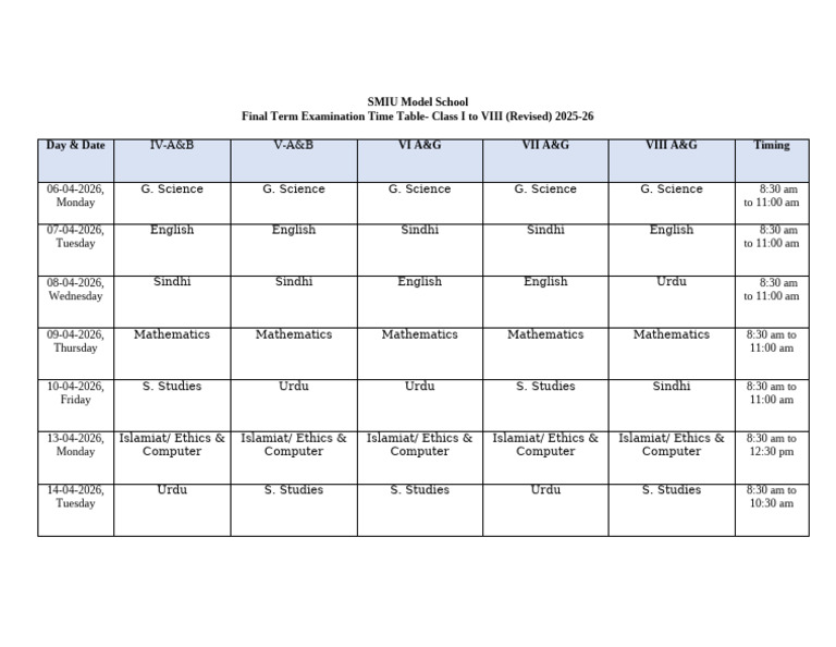 Time Table Final Exam 2025-2026 | PDF