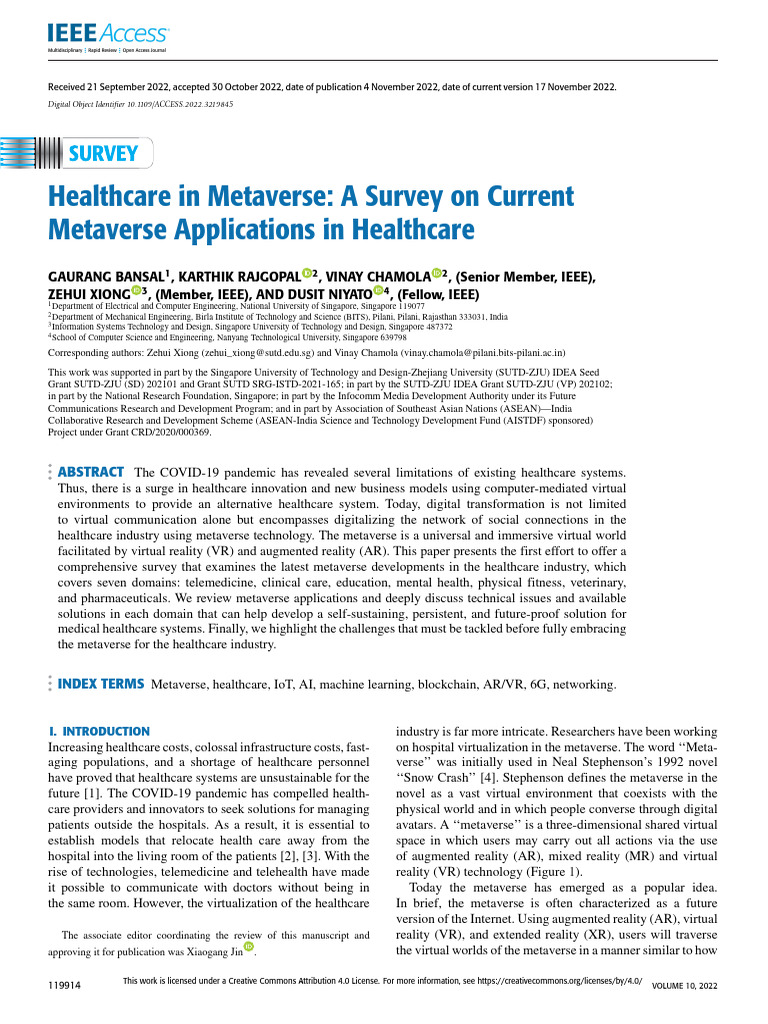 Healthcare in Metaverse a Survey on Current Metaverse Applications in ...