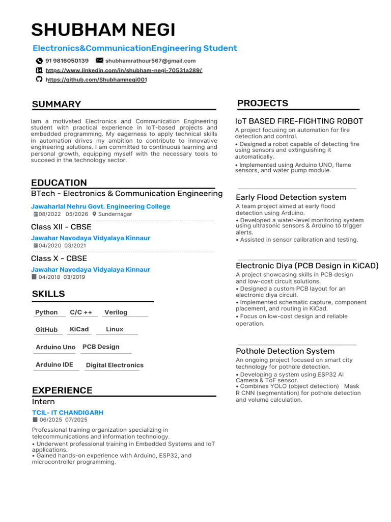 Shubham Negi Resume Final | PDF | Arduino | Embedded System