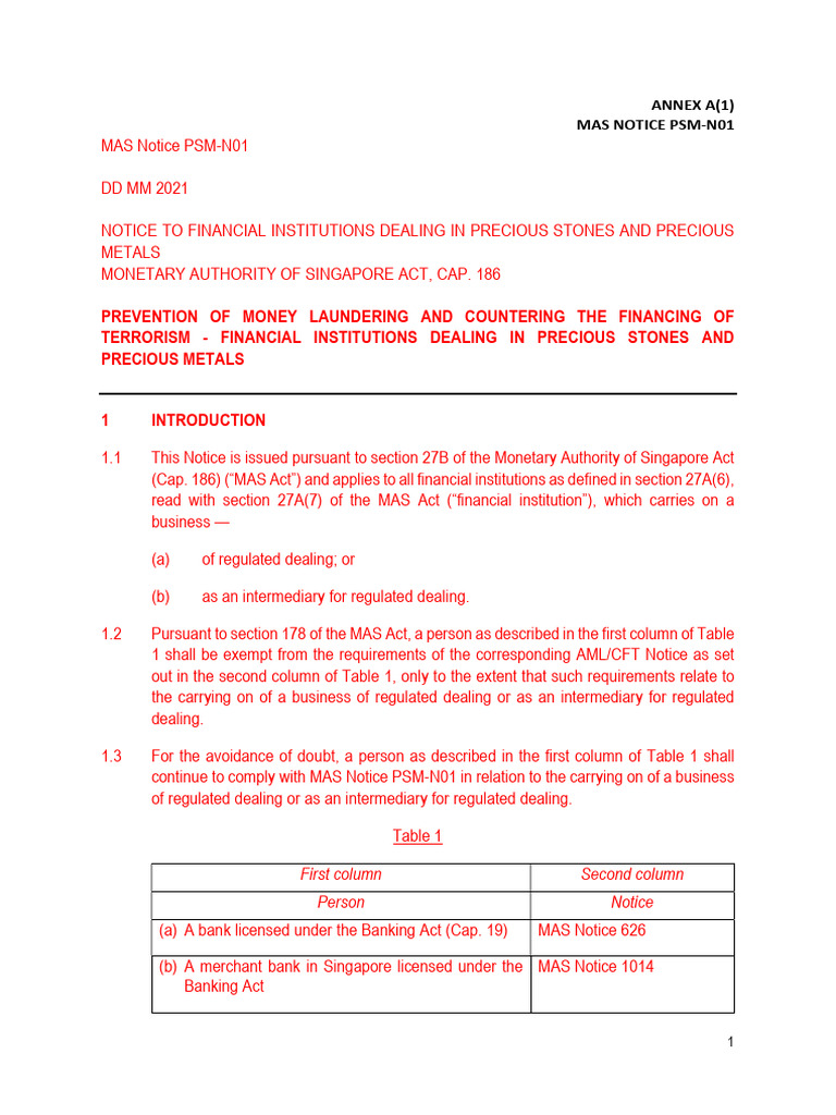 Annex A1 MAS Notice PSMN01 FIs Dealing in PSMs | PDF | Identity ...