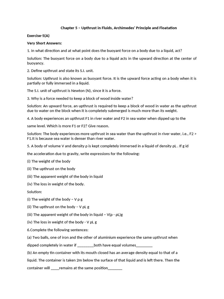 Physics 9 Upthrust in Fluids, Archimedes’ Principle and Floatation ...