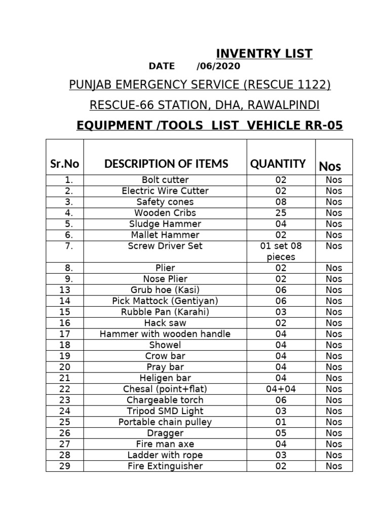 Vehicle Rr-05 Inventry | PDF | Tools | Equipment