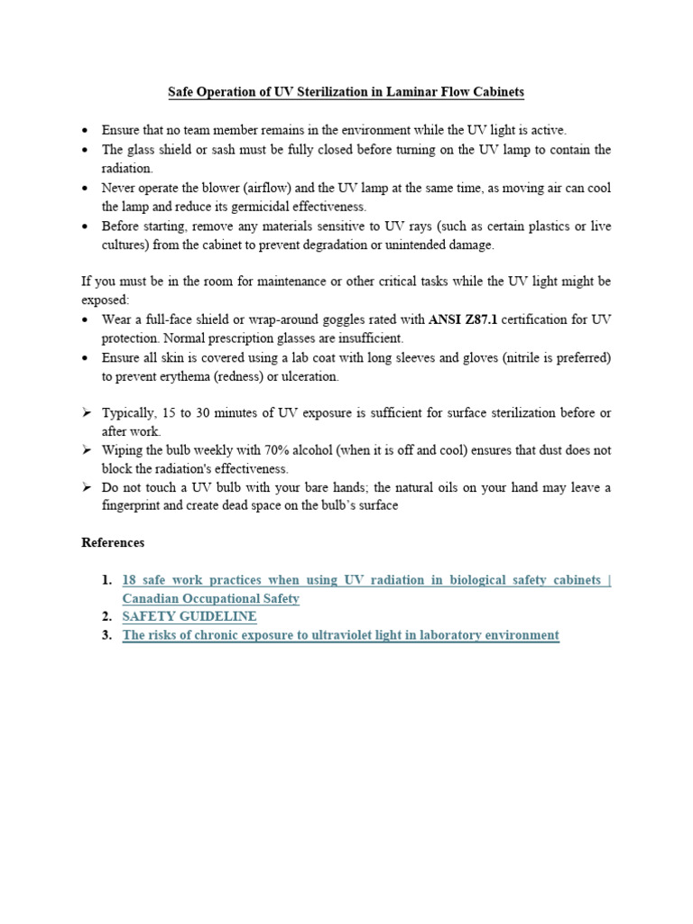 Safe Operation of UV Sterilization in Laminar Flow Cabinets | PDF