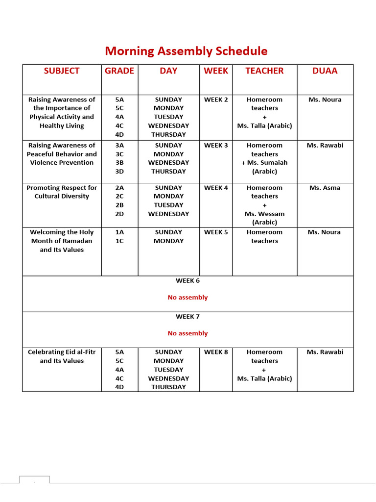 MORNING ASSEMBLY SCHEDULE - T2 updated | PDF