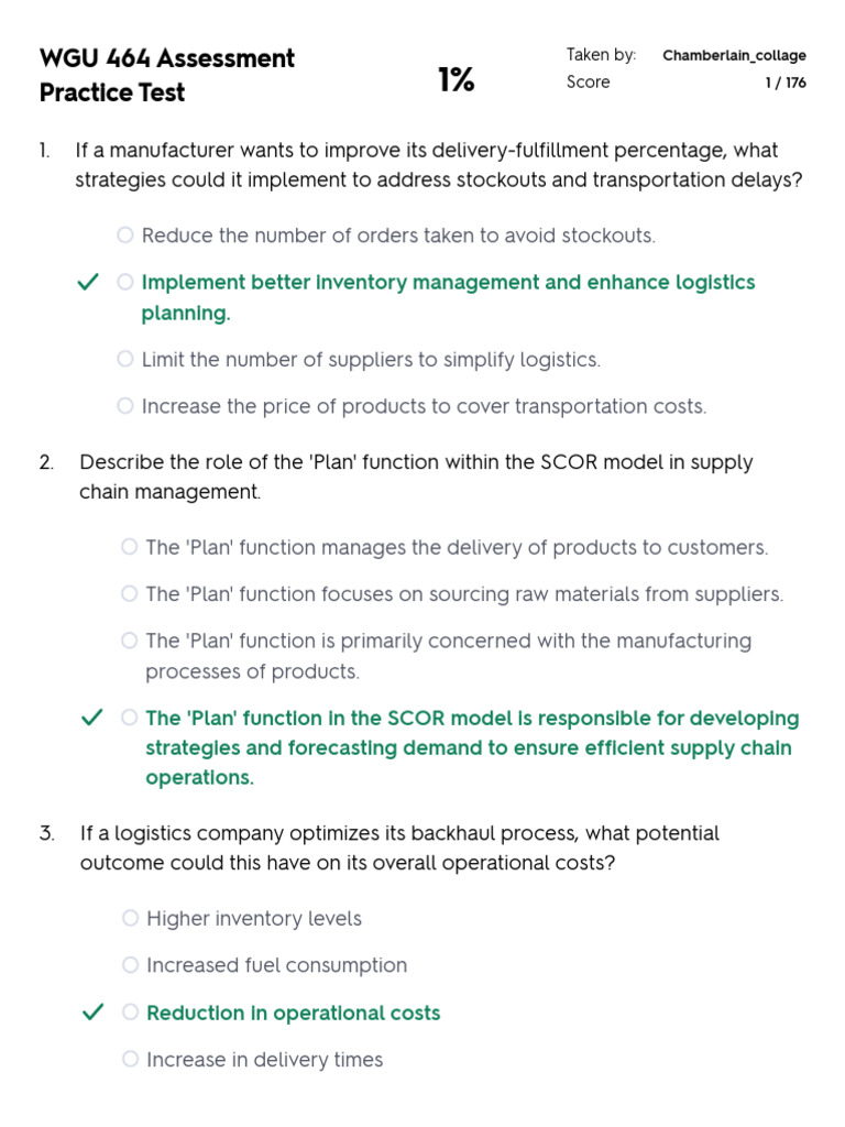 WGU 464 Assessment Practice Test - Results | PDF | Supply Chain | Inventory
