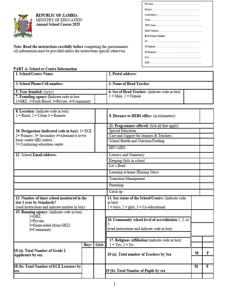 Final 2025 Annual School Census Form | PDF | Drinking Water | Toilet