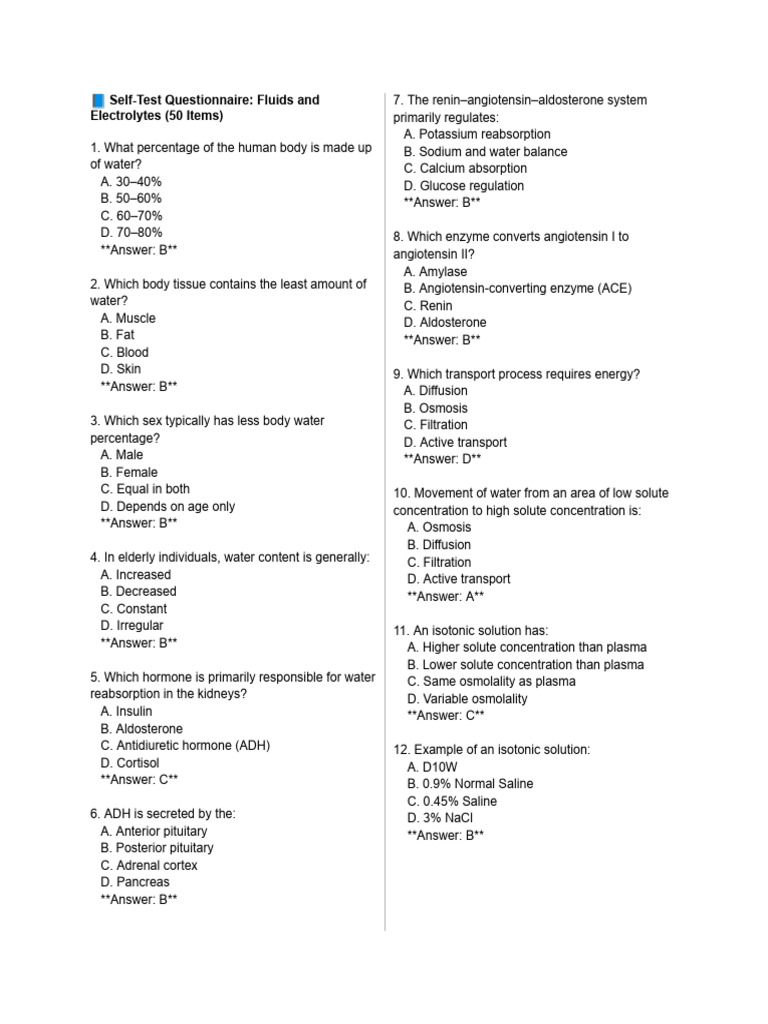 112 Self Test Questionnaire | PDF | Angiotensin