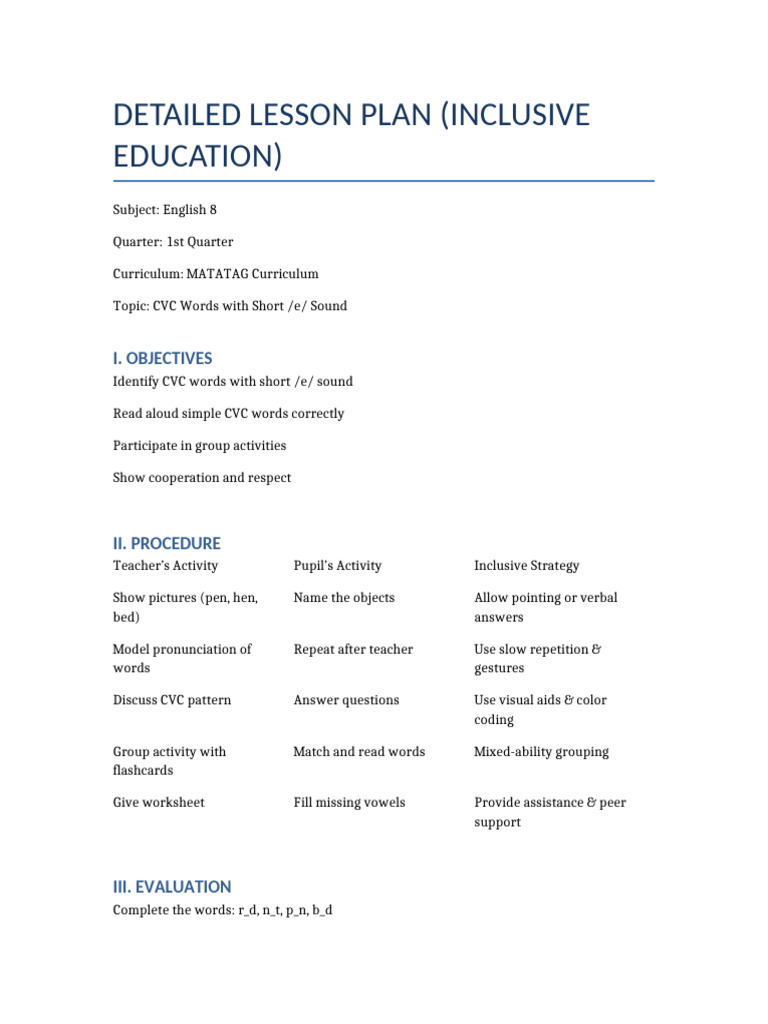 Inclusive Lesson Plan | PDF