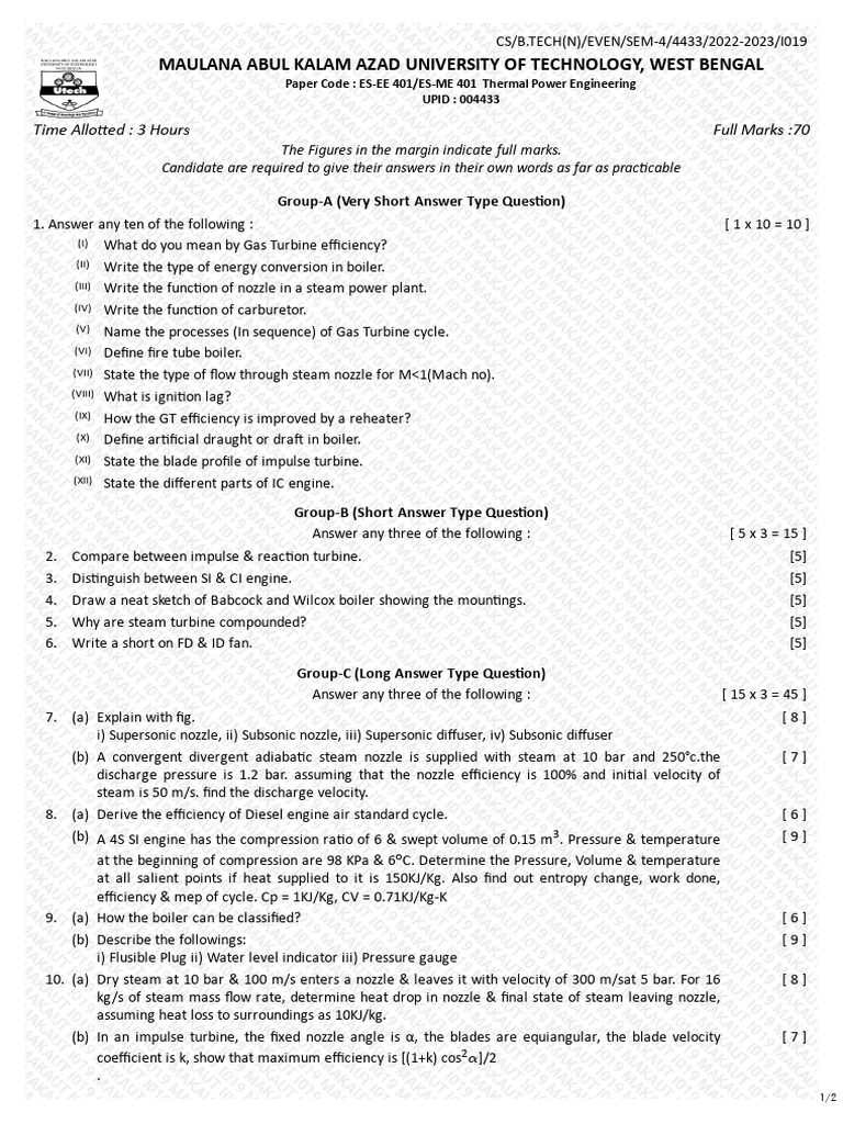 Thermal 4th Sem PYQ 2022-23 | PDF | Boiler | Steam Power