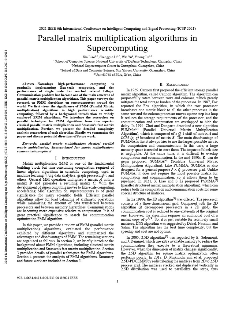 Parallel Matrix Multiplication Algorithms in Supercomputing | PDF ...