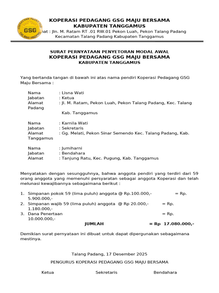 Surat Pernyataan Penyetoran Modal Awal | PDF