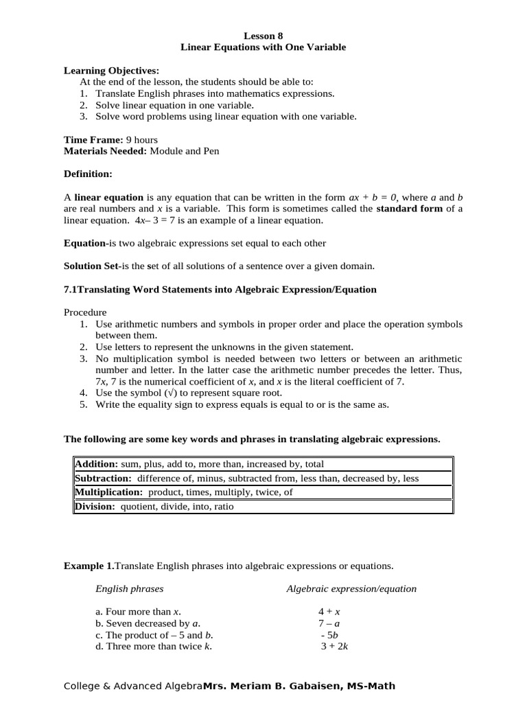 Lesson 1 | PDF | Equations | Numbers