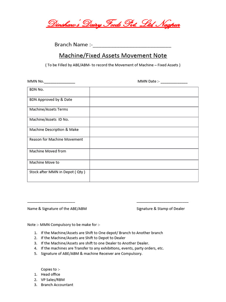 Machine - Fixed Assets Movment Note Format | PDF