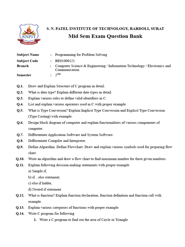 Pps Mid Queston Bank | PDF | Computer Program | Programming