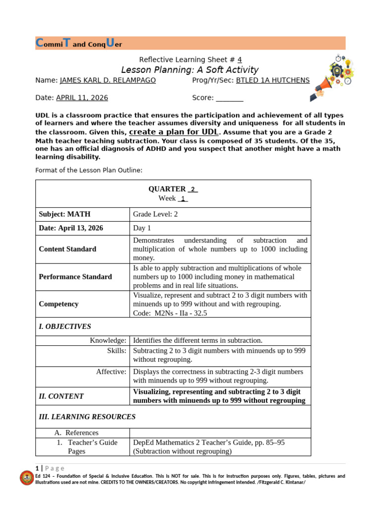 Ed 124 Lesson Plan | PDF | Subtraction | Lesson Plan