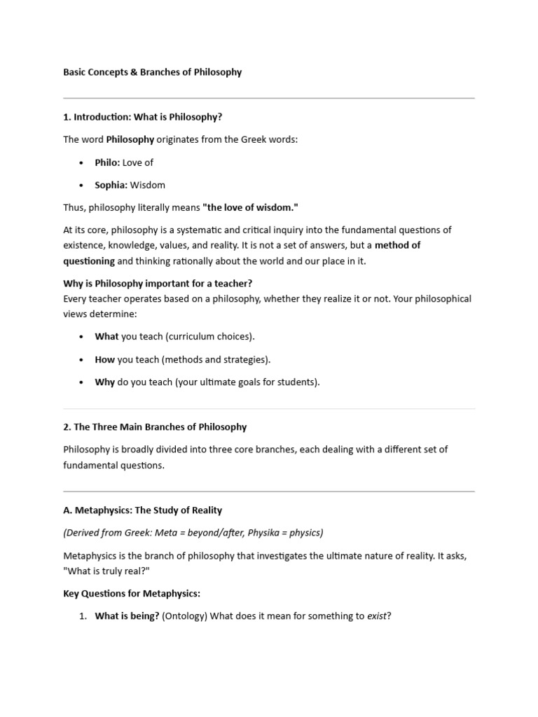 Handout Lecture .2 Basic Concepts & Branches of Philosophy | PDF