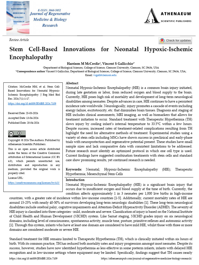 Stem Cell Based Innovations for Neonatal Hypoxic Ischemic ...