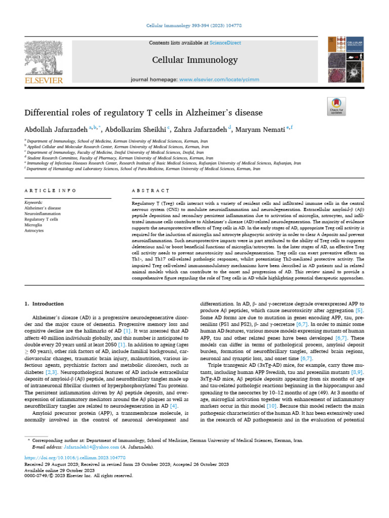 Differential roles of regulatory T cells in Alzheimer’s disease | PDF ...