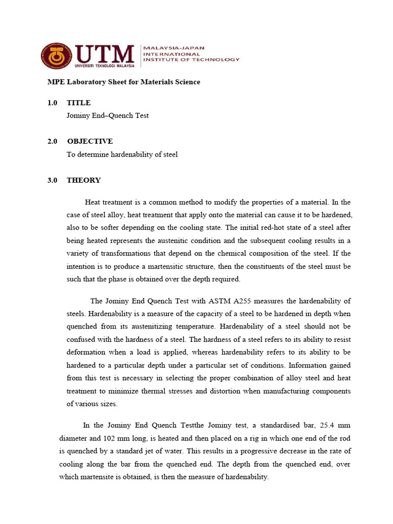 Lab 1_Materials Science_Lab Sheet Part 1_Jominy End Quench | PDF | Heat ...