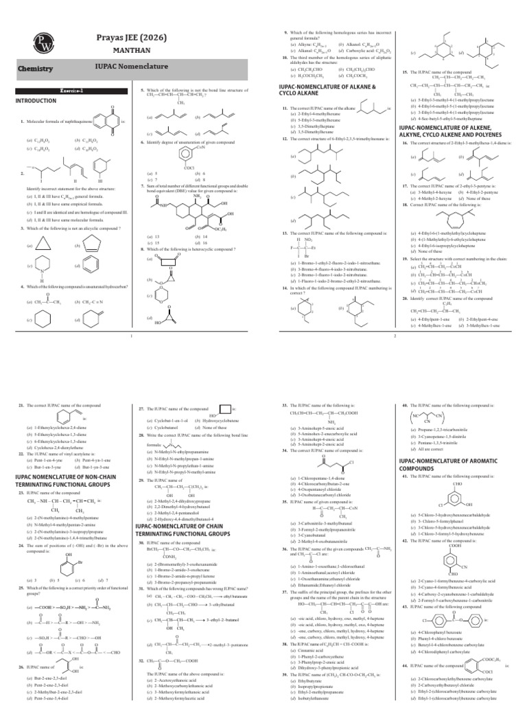 IUPAC Nomenclature Standard Practice Sheet (JEE Mains) - Manthan | PDF ...