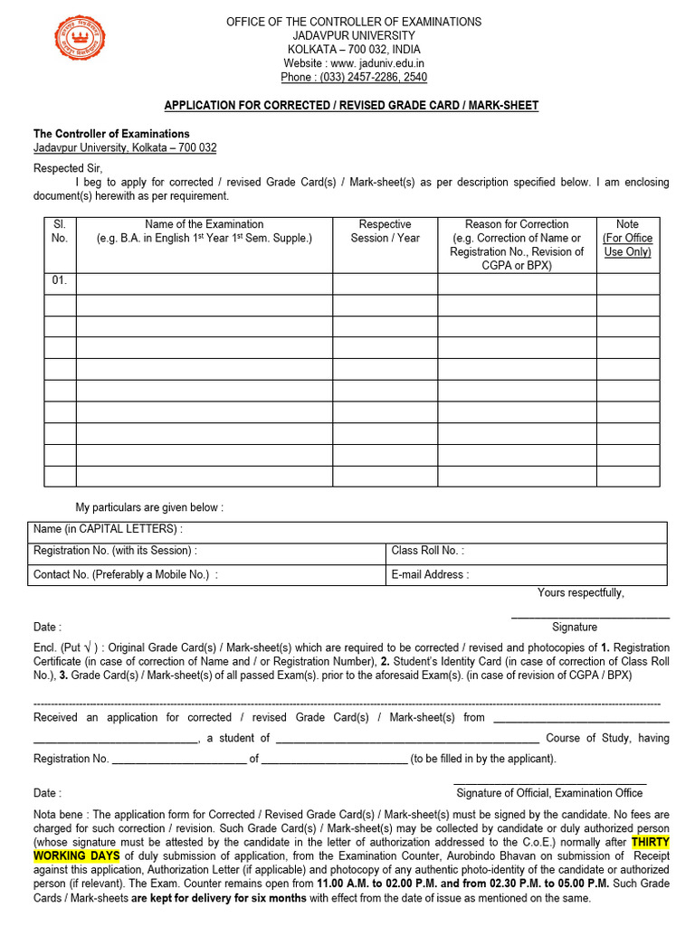 Application Forms for Revised Corrected Grade Card Mark Sheet (1) | PDF