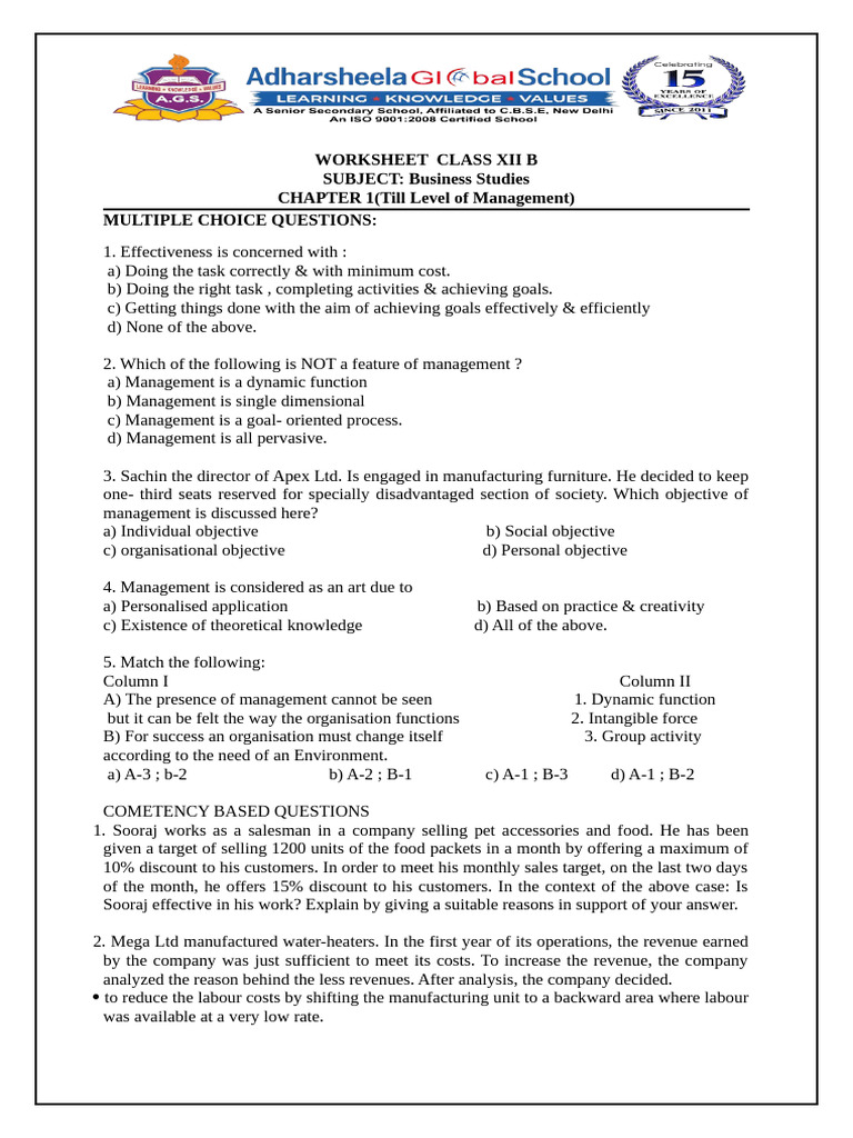 Worksheet Bst Ch1 Class 12 | PDF | Business | Economies