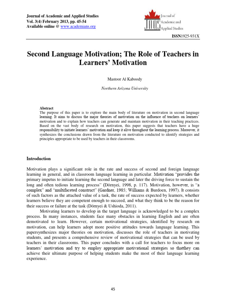 Second Language Motivation the Role of T | PDF | Motivational | Motivation