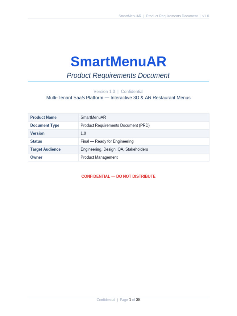 SmartMenuAR_PRD_v1.0-1 | PDF | Augmented Reality | Menu