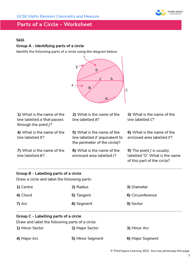 Third Space Learning Parts of A Circle GCSE Worksheet | PDF | Circle | Area