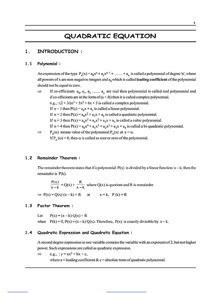 Practice Problems - Quadratic Equation | PDF | Mathematics | Algebra