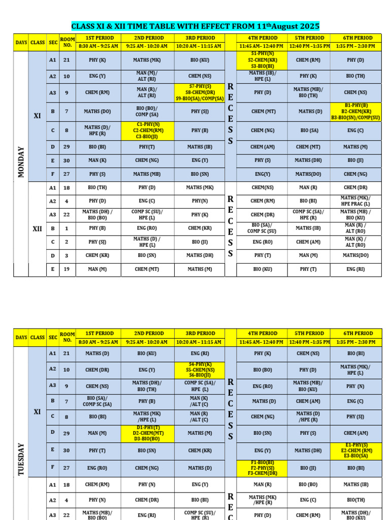 Class XI and XII Time Table Wef 11th August 2025 | PDF