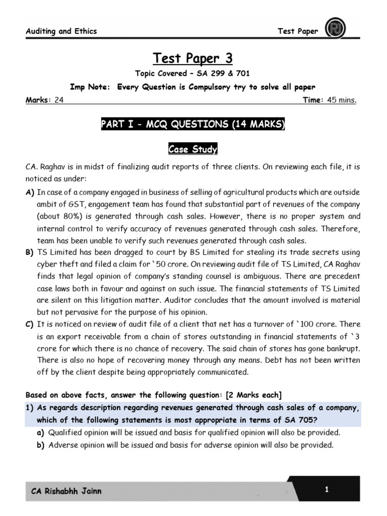 CA Inter Audit Test Paper 3 | PDF | Auditor's Report | Audit