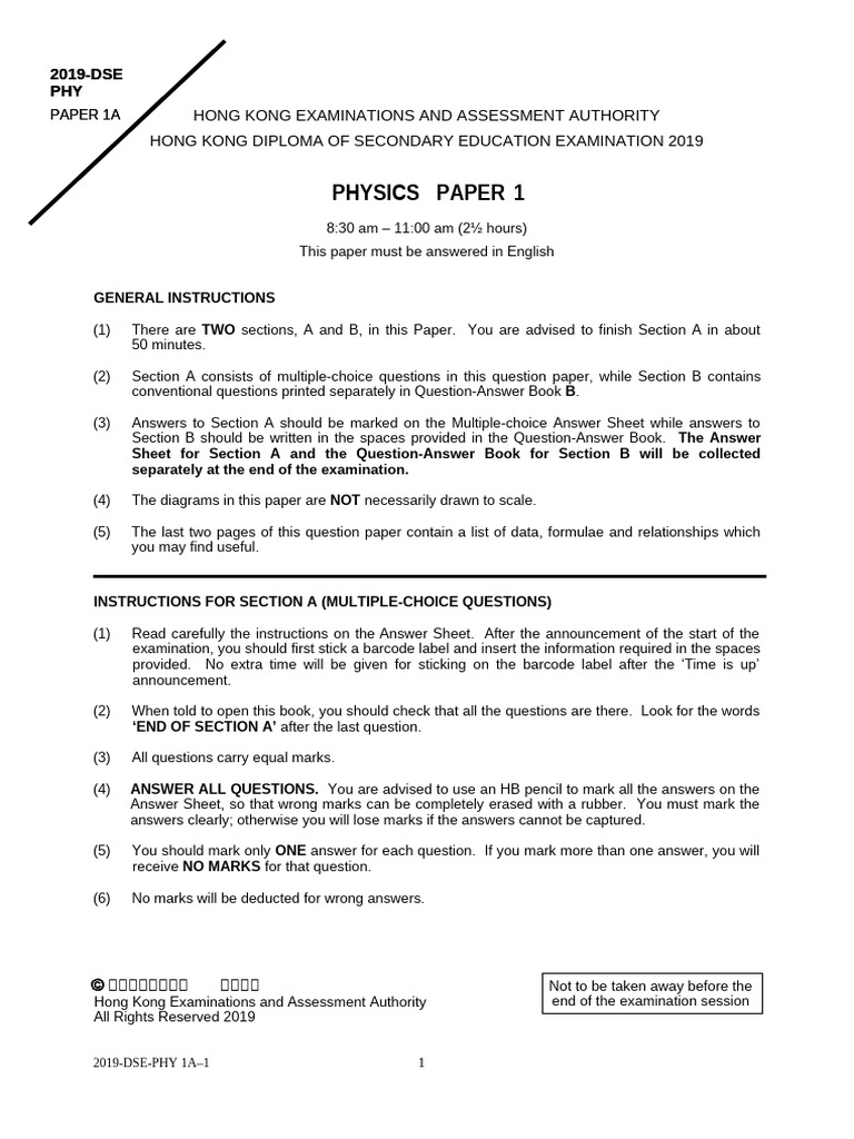 2019 DSE Phy 1A-(E) | PDF | Sound | Diffraction