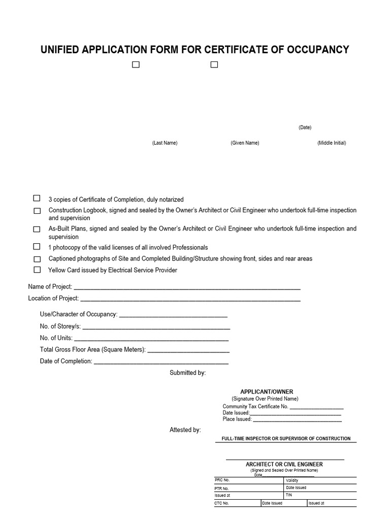 2025 01 Unified Application Form for Certificate of Occupancy | PDF