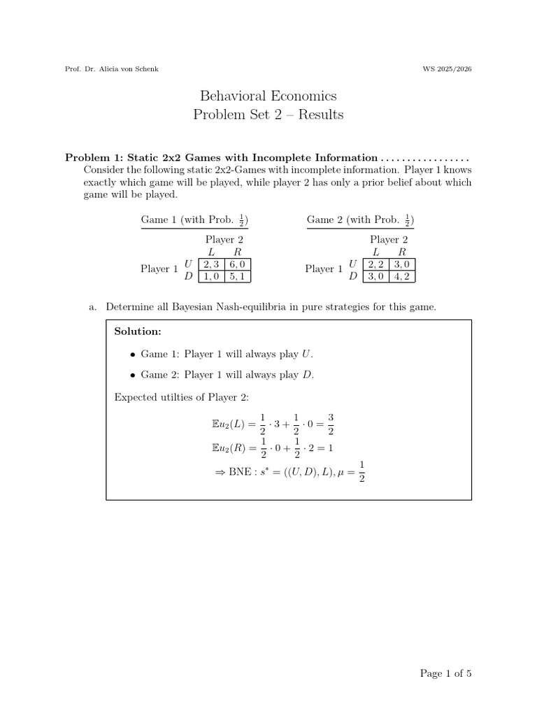 Problem Set 2 Solution | PDF | Game Theory | Economics Of Uncertainty