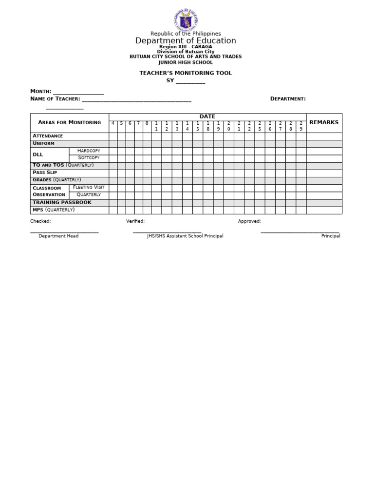 SAMPLE Teacher Monitoring Tool | PDF