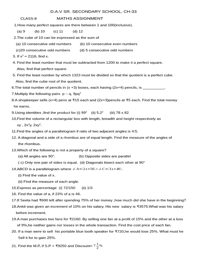 Class-8 Math Assignment 2025-2026 | PDF | Angle | Elementary Mathematics