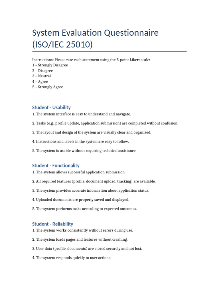 System Evaluation Questionnaire | PDF
