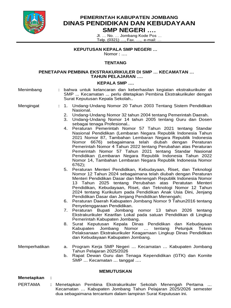 Contoh SK Penetapan Pembina Ekstra SMP | PDF