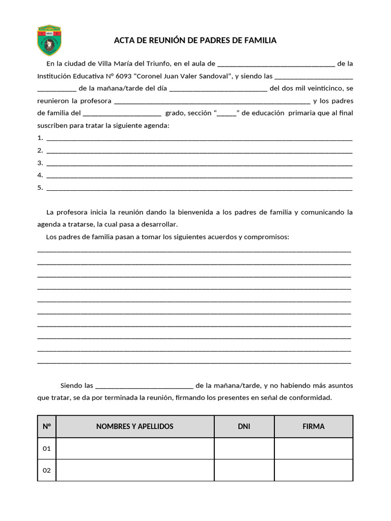 Acta de Reunión de Padres de Familia | PDF