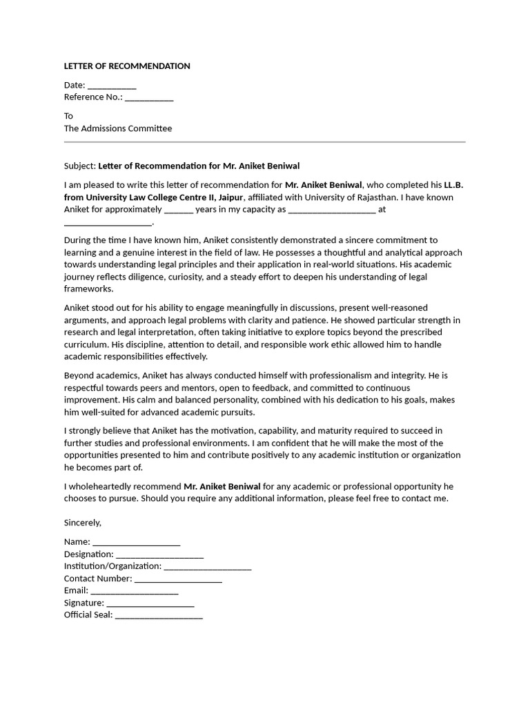 Letter of Recommendation - Draft | PDF