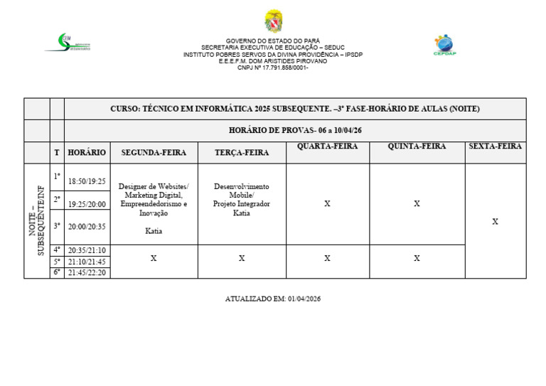 Horario de Provas - 2026 Curso-sub25-Inform - 0104 | PDF