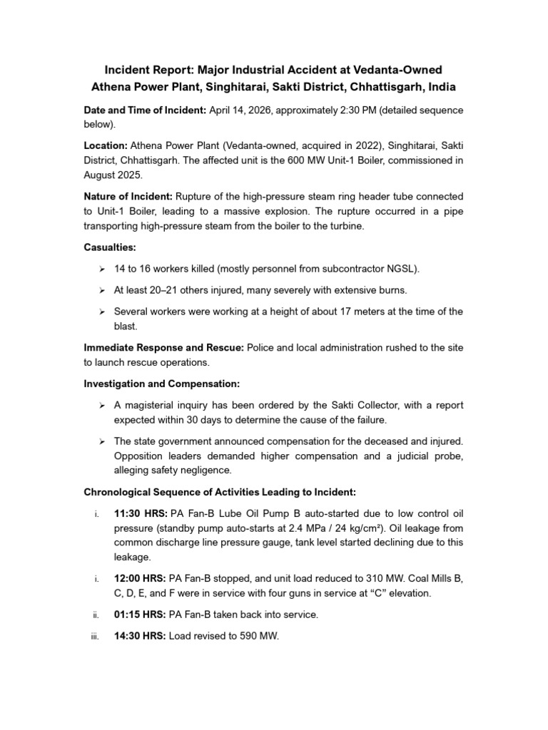 Major Incident Report of Athena Power on 14th Apr26 | PDF | Boiler ...