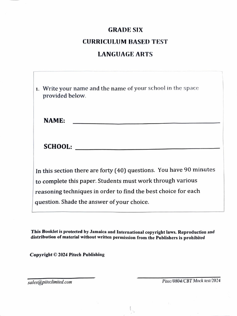 Grade 6 Language CBT Pitech 2024 | PDF