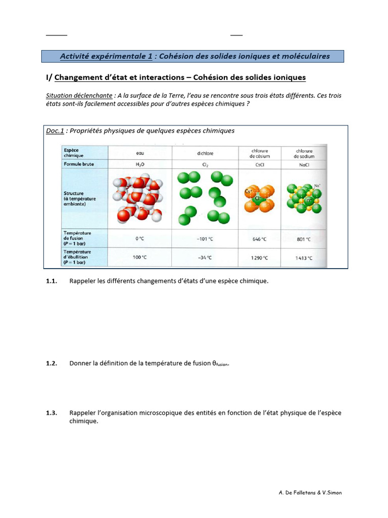 1ere Spe ch5 tp1 Cohesion Des Solides Ioniques Et Moleculaires Def ...