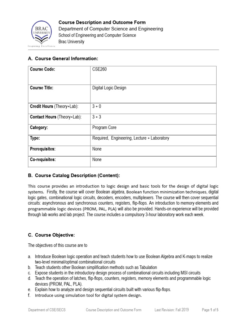 CSE260 Digital Logic Design (BRACU)- Course Description and Outcome ...